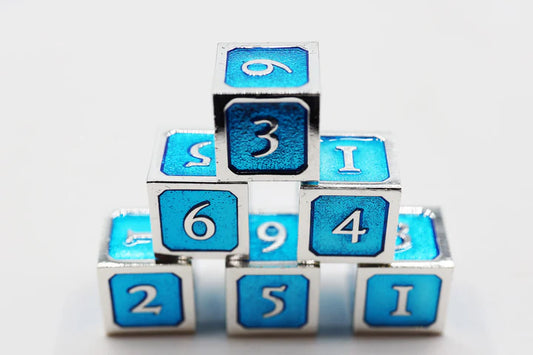 6 piece Metal D6s - Blue and Silver