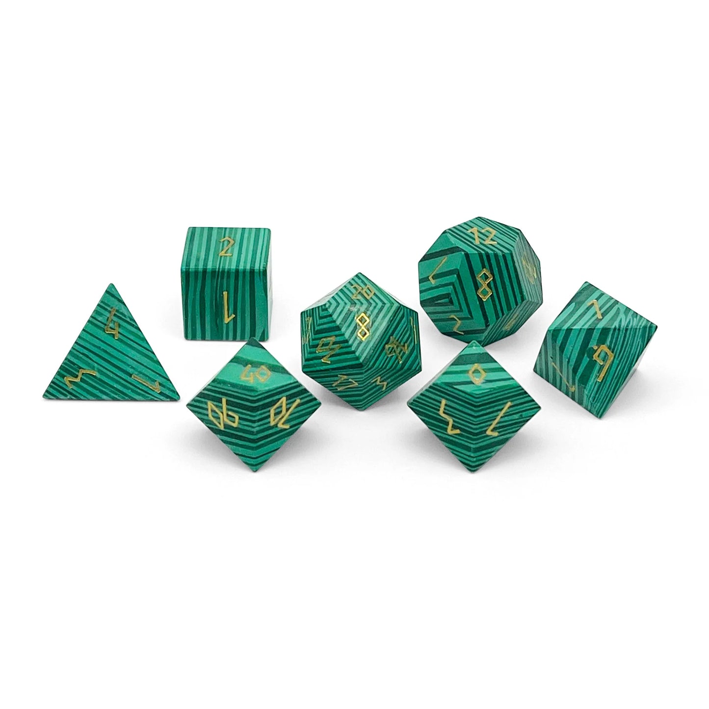 Malachite - Gold Font 7 Piece RPG Set Gemstone Dice