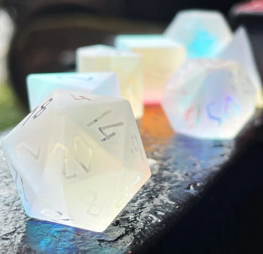 Frosted K9 Rainbow Glass - Raised 7 Piece RPG Set K9 Glass Dice